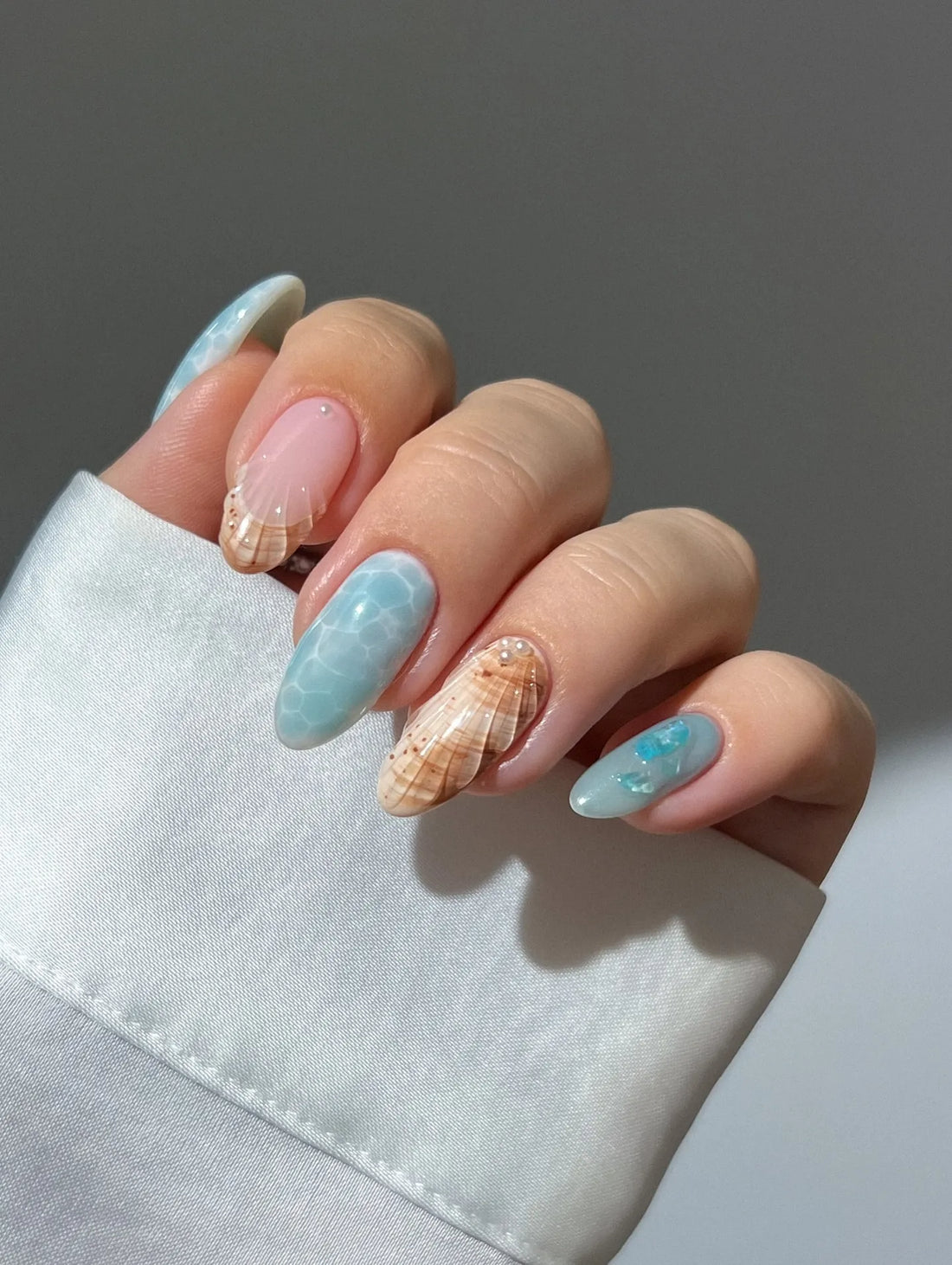 Handmade Ocean Blue Marble Seashell Summer Beach Press on Nails C21