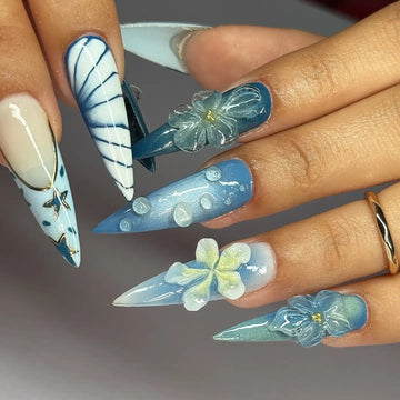 Handmade Ocean Blue Ombre Clear 3D Butterfly Floral Sky Press on Nails T10
