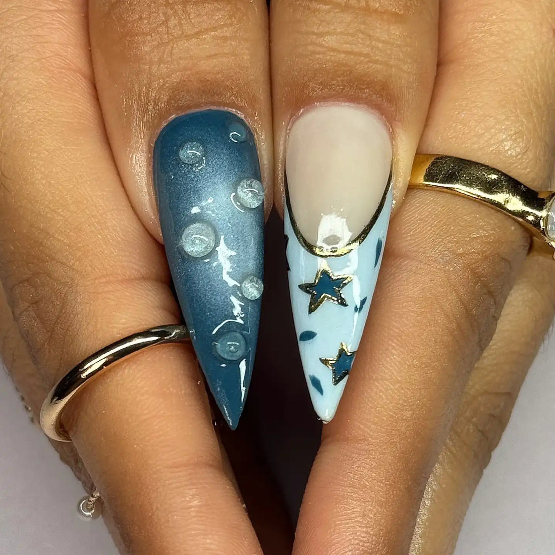 Handmade Ocean Blue Ombre Clear 3D Butterfly Floral Sky Press on Nails T10