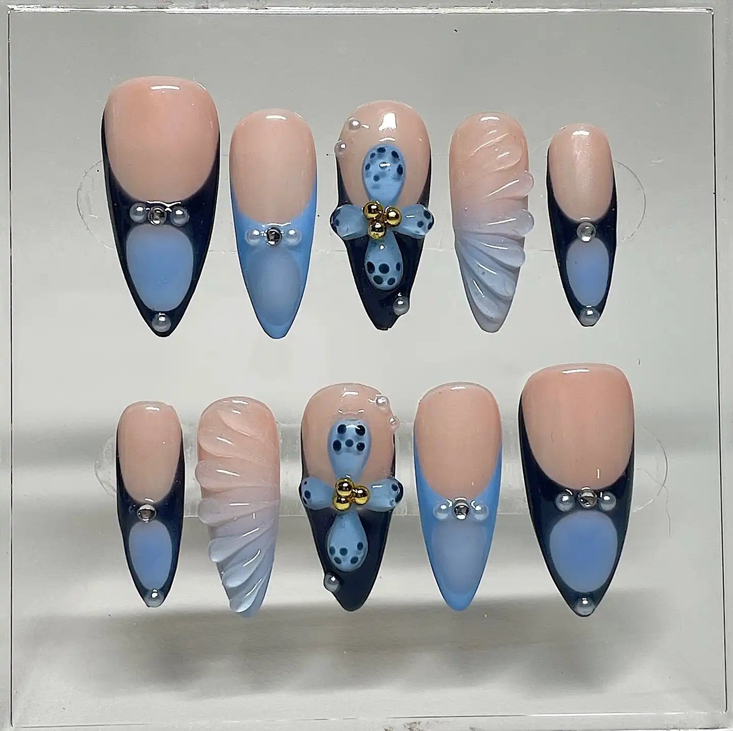 Handmade Ocean Blue Pastel Pink Seashell Mermaid 3D Fake Nails Y71