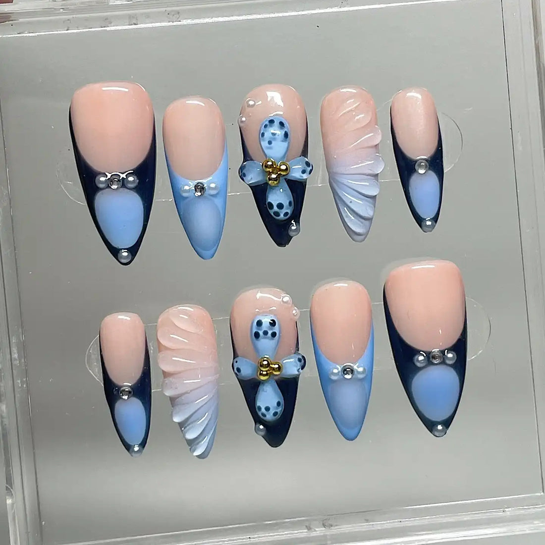 Handmade Ocean Blue Pastel Pink Seashell Mermaid 3D Fake Nails Y71