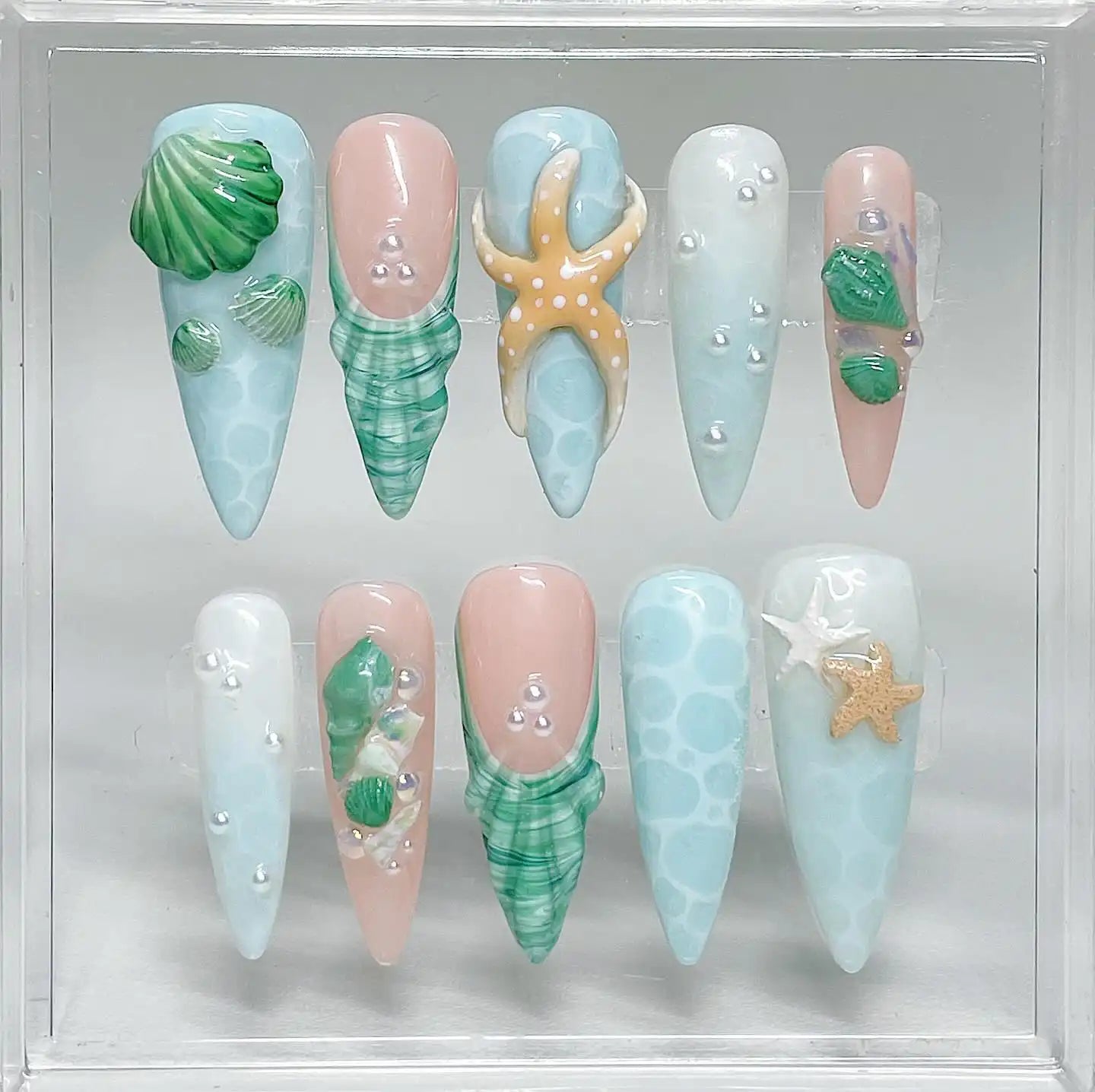 Handmade Ocean Blue Pastel Starfish Seashell Bubble Summer Press on Nails W92