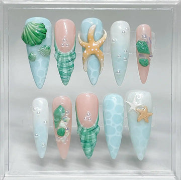 Handmade Ocean Blue Pastel Starfish Seashell Bubble Summer Press on Nails W92