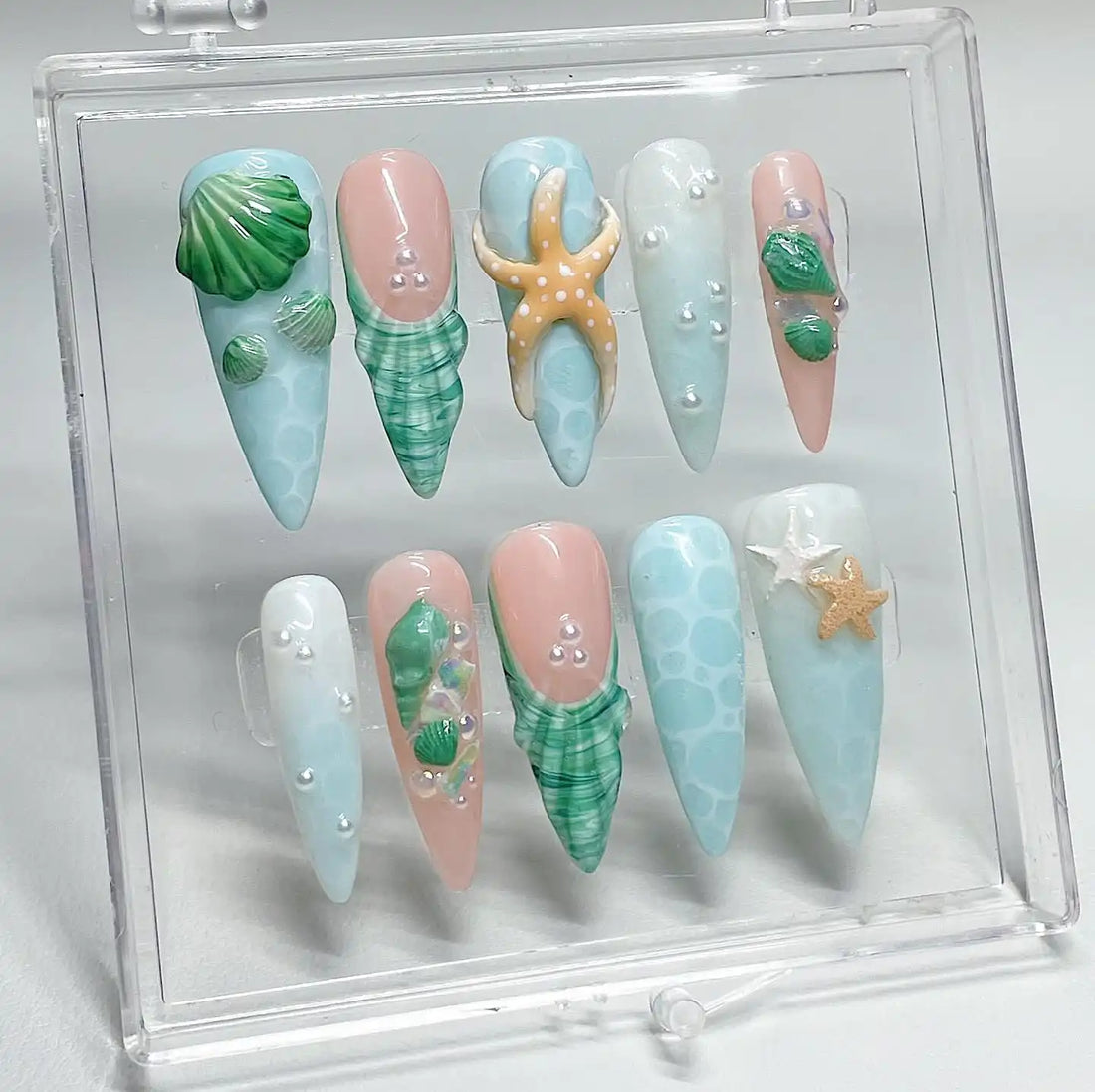 Handmade Ocean Blue Pastel Starfish Seashell Bubble Summer Press on Nails W92