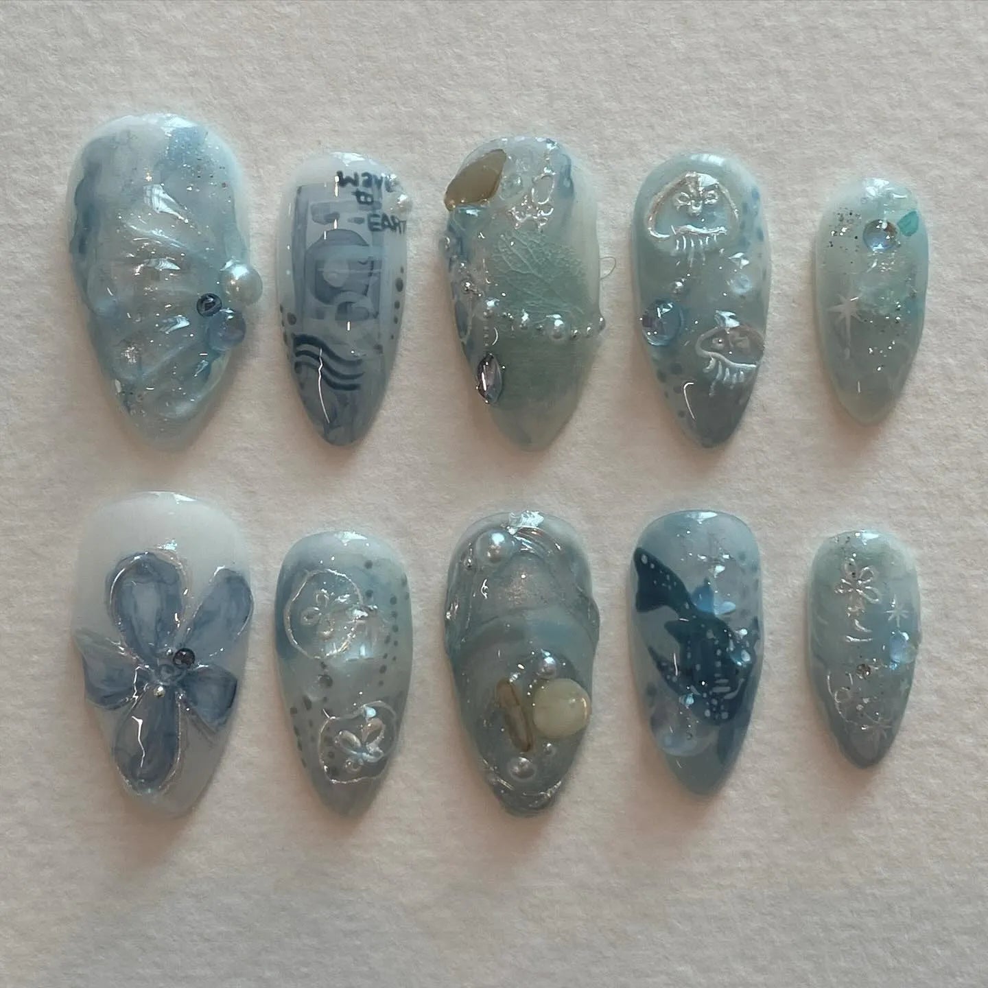 Handmade Ocean Blue Whale Jellyfish Pearl Sea Summer Press on Nails B78