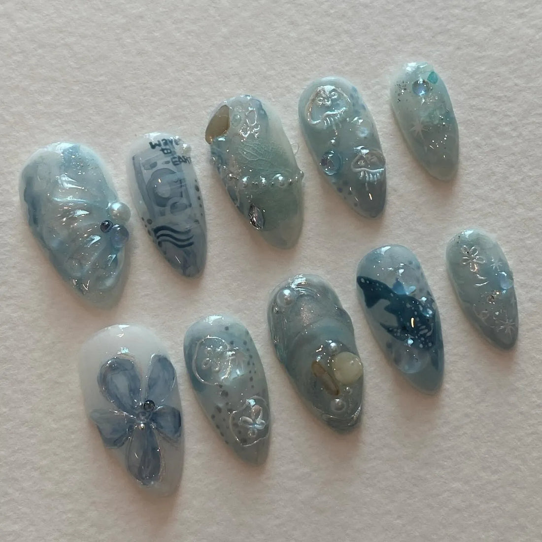 Handmade Ocean Blue Whale Jellyfish Pearl Sea Summer Press on Nails B78