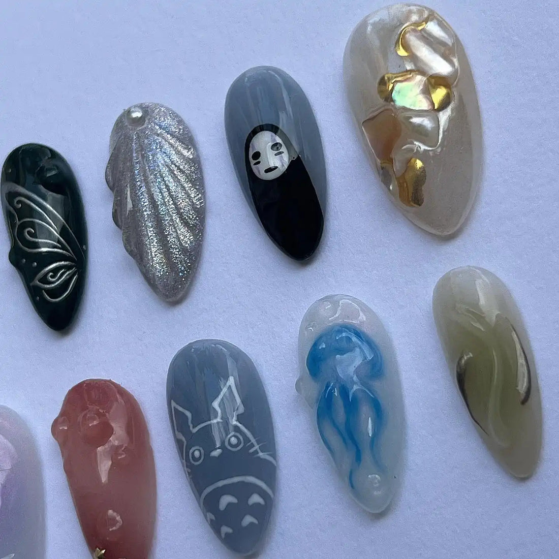 Handmade Ocean Fantasy Totoro Jellyfish Galaxy Art Press on Nails H44