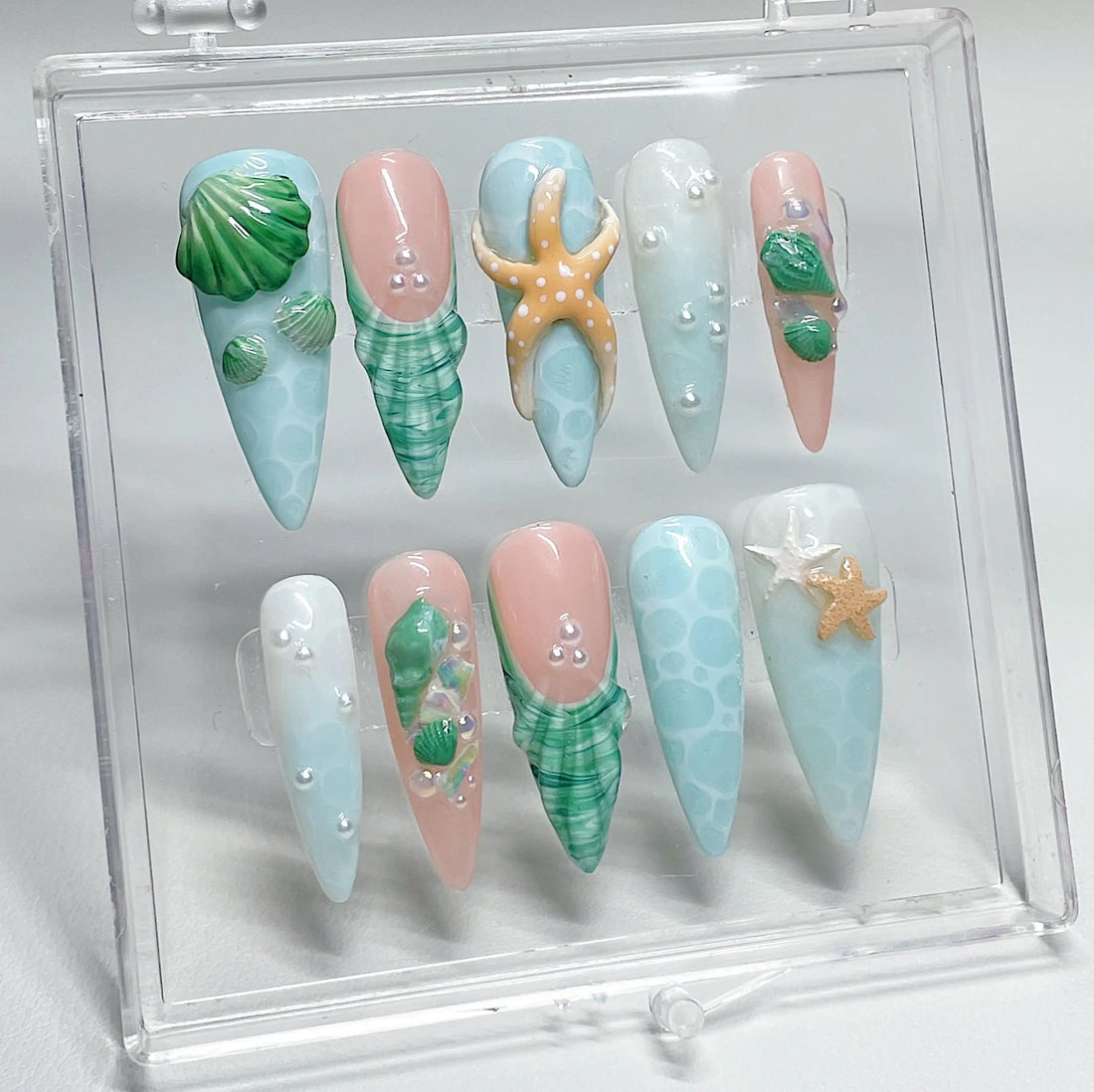 Handmade Ocean Green Shell Starfish 3D Pearl Beach Press on Nails V31