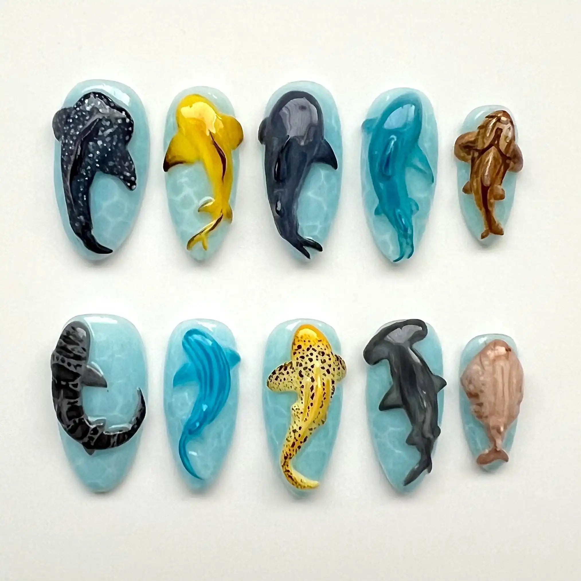 Handmade Ocean Shark Dolphin Whale Aquarium Art Press on Nails B69