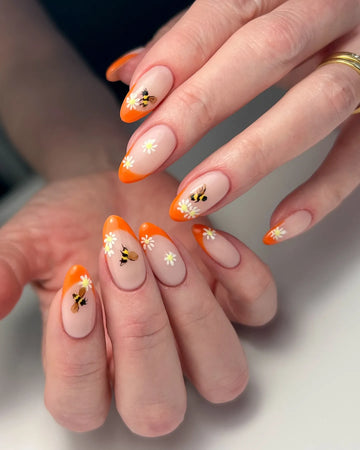 Handmade Orange French Tip Bumblebee Daisy Floral Press on Nails Z43