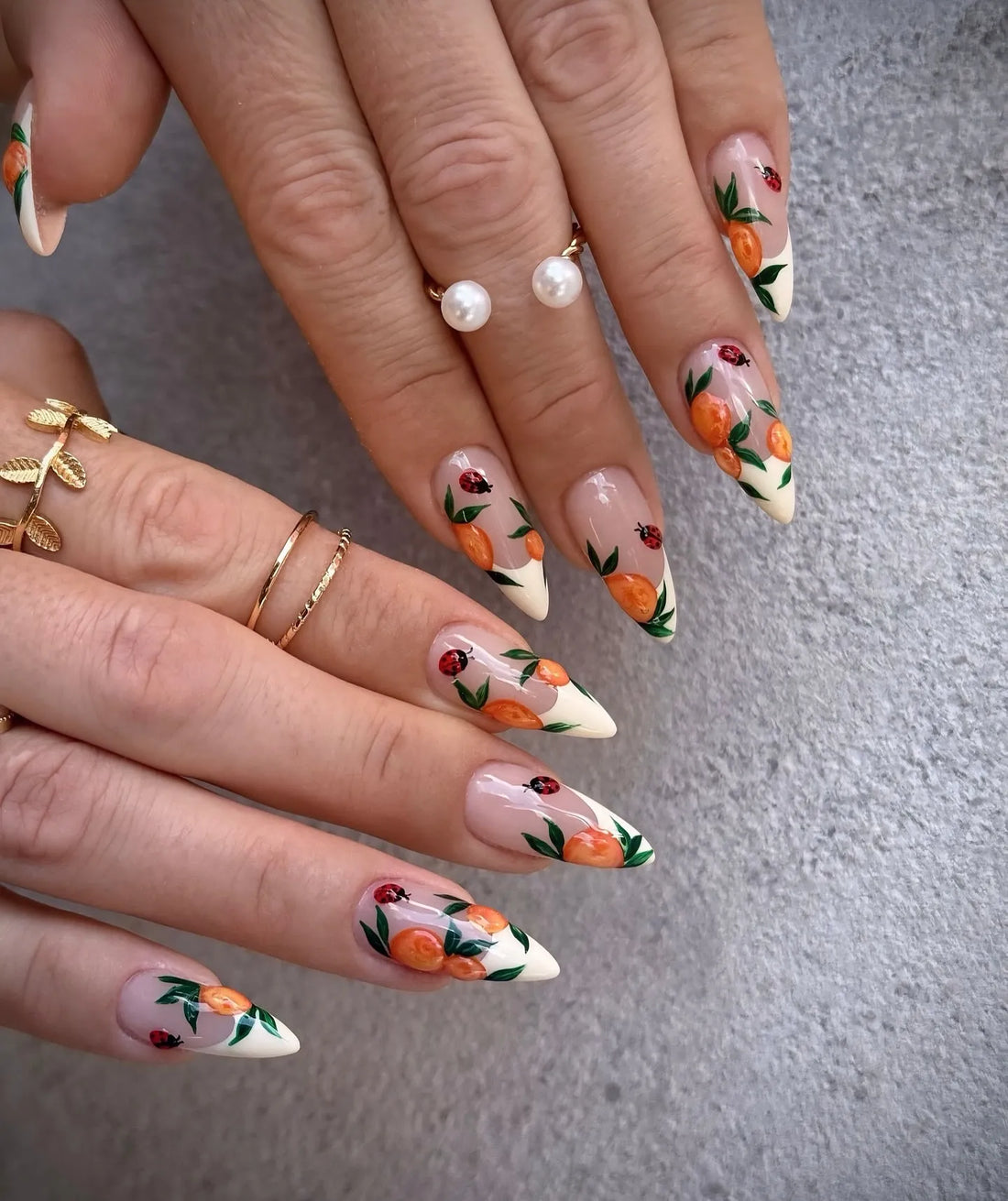 Handpainted Orange Fruit Ladybug Leaf French Tip Summer Press on Nails T94