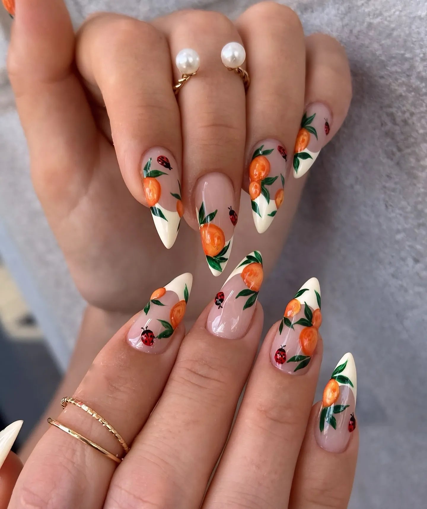 Handpainted Orange Fruit Ladybug Leaf French Tip Summer Press on Nails T94