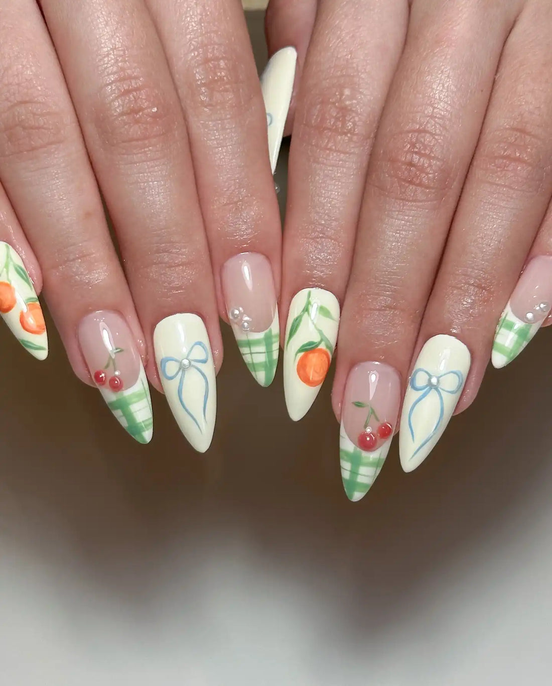 Handmade Paintings Orange Cherry Ribbon French Press on Nails W95