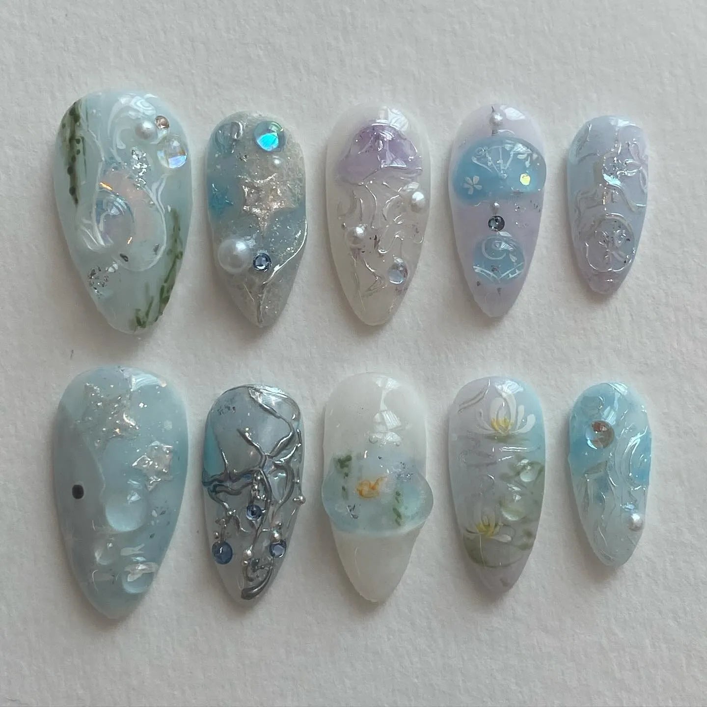 Handmade Pale Blue Ocean Inspired Water Lilies Pearl Fairycore Press on Nails V41