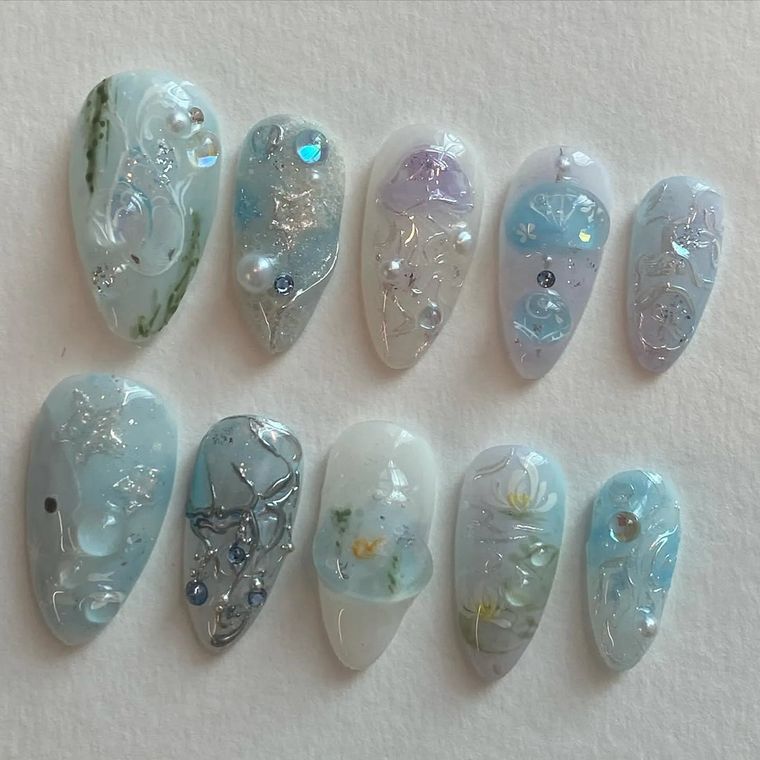Handmade Pale Blue Ocean Inspired Water Lilies Pearl Fairycore Press on Nails V41