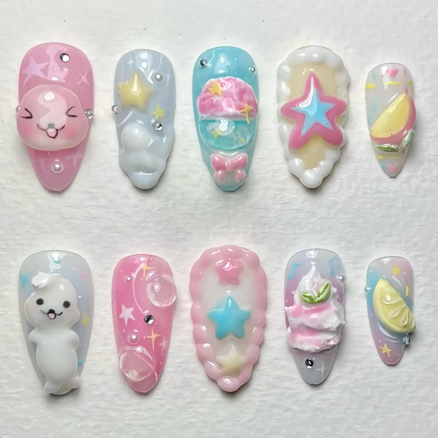 Handmade Pastel 3D Character Star Lemon Cake Cloud Cute Press on Nails S32