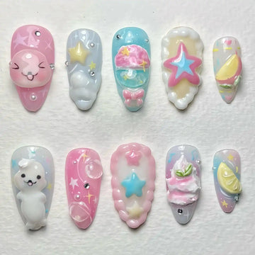 Handmade Pastel 3D Character Star Lemon Cake Cloud Cute Press on Nails S32