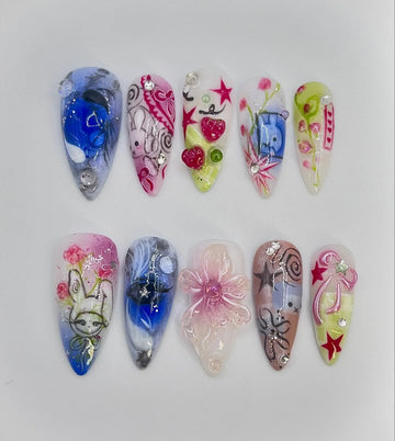 Handmade Pastel Bunny Rabbit Star Love Heart Cute Kawaii Press on Nails D65