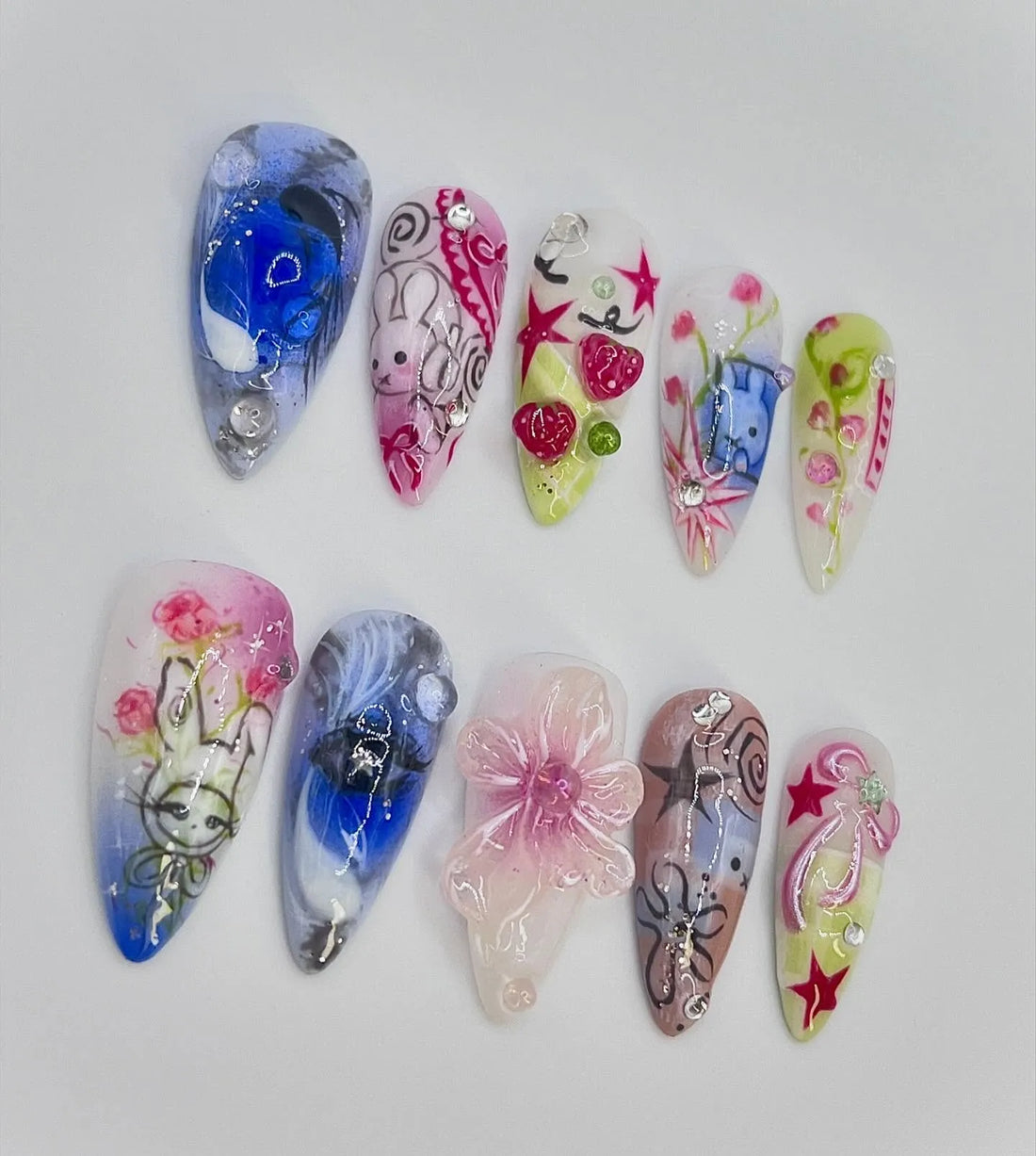 Handmade Pastel Bunny Rabbit Star Love Heart Cute Kawaii Press on Nails D65