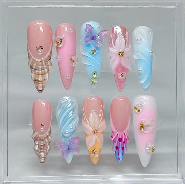 Handmade Pastel Butterfly Seashell Floral Gold Pearl Fantasy Press on Nails K94