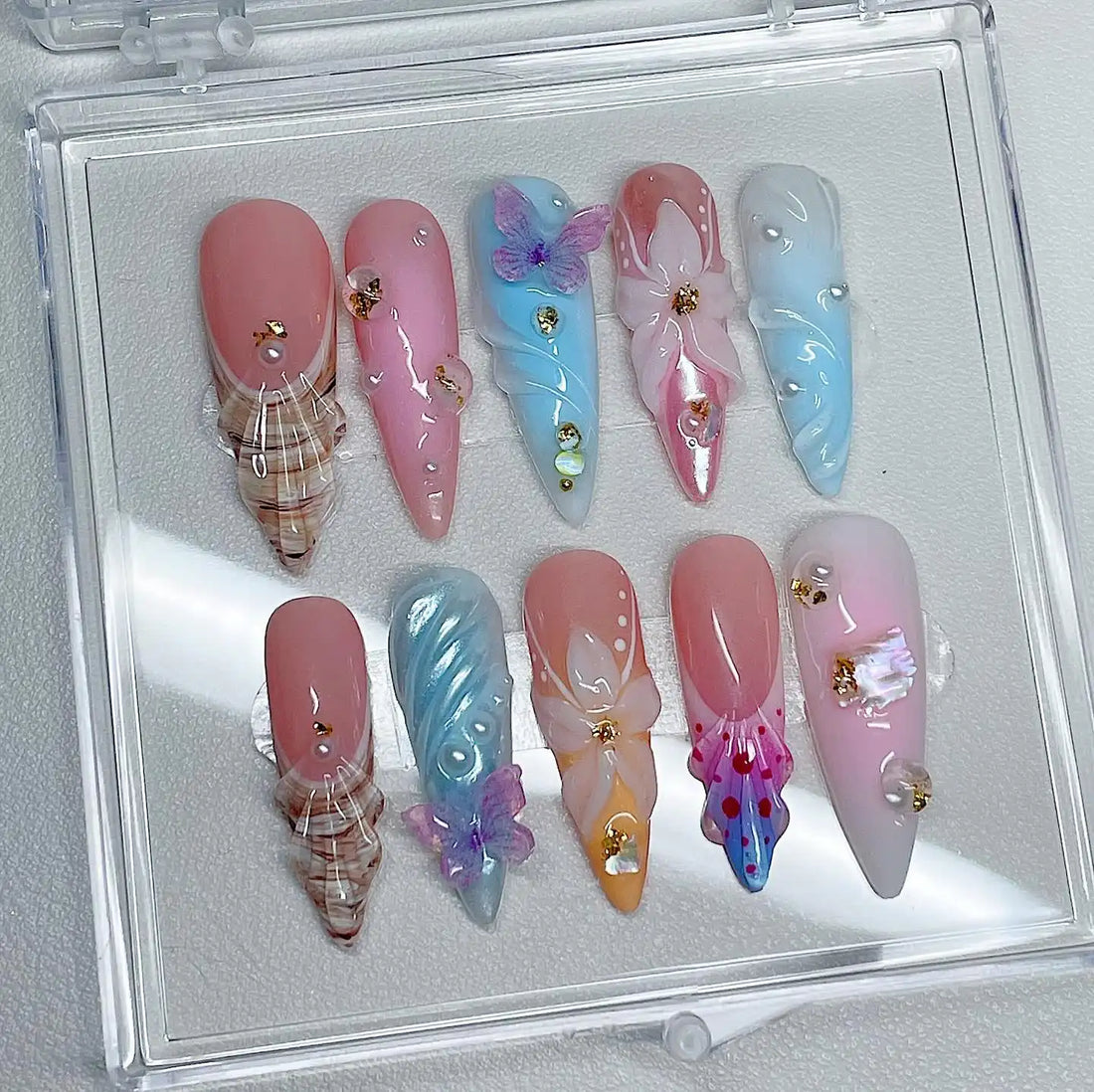 Handmade Pastel Butterfly Seashell Floral Gold Pearl Fantasy Press on Nails K94