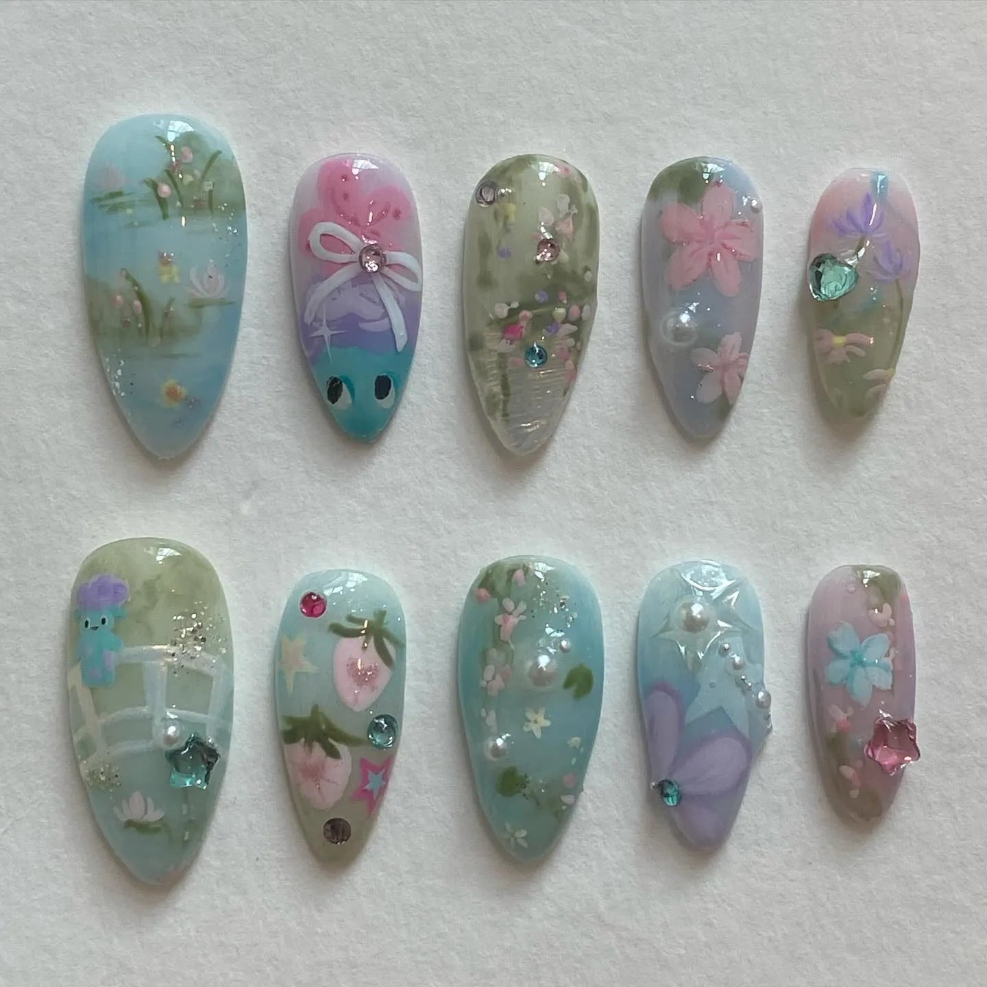 Handmade Pastel Fairy Garden Whimsical Flower Butterfly Press on Nails F04