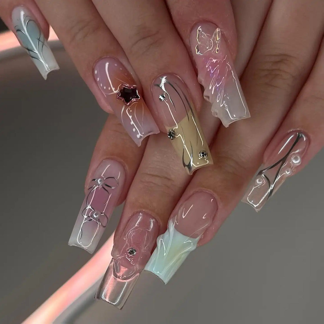 Handmade Pastel Fake Gel Nails Chrome Luxury Pressons R55