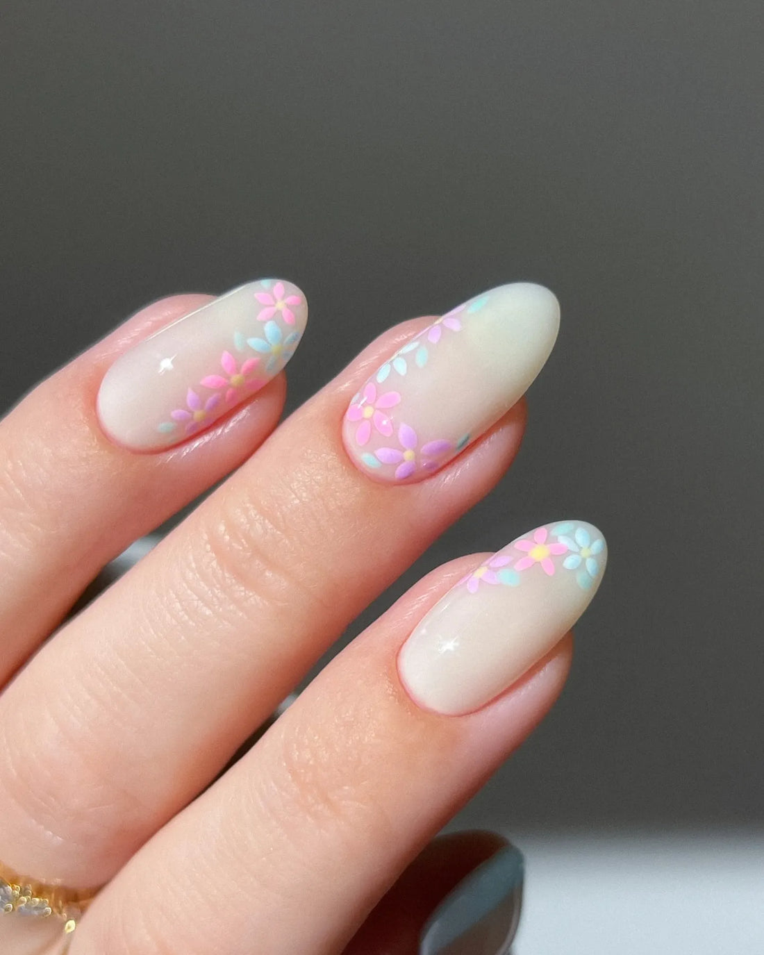 Handmade Pastel Floral French Tip Blossom Press on Nails H88
