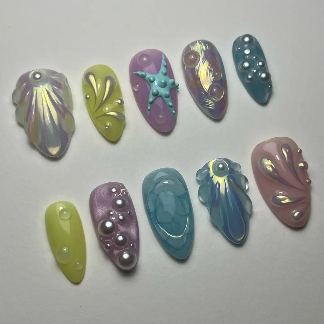 Handmade Sea Shell Starfish Mermaid Ocean World Pastel Press on Nails Y57
