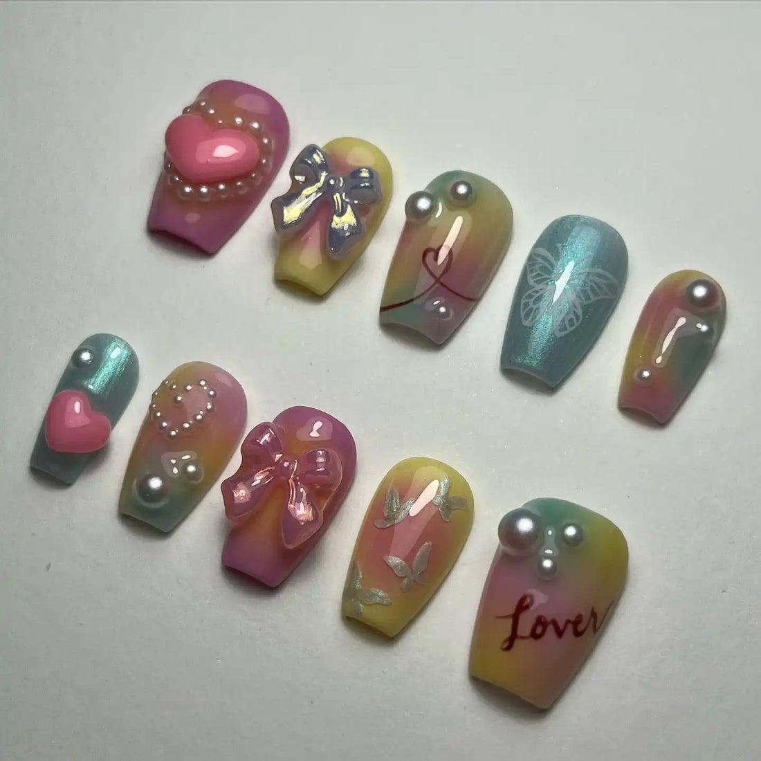 Handmade Valentine Pastel Love Heart Bow Tie Butterfly Press on Nails P32