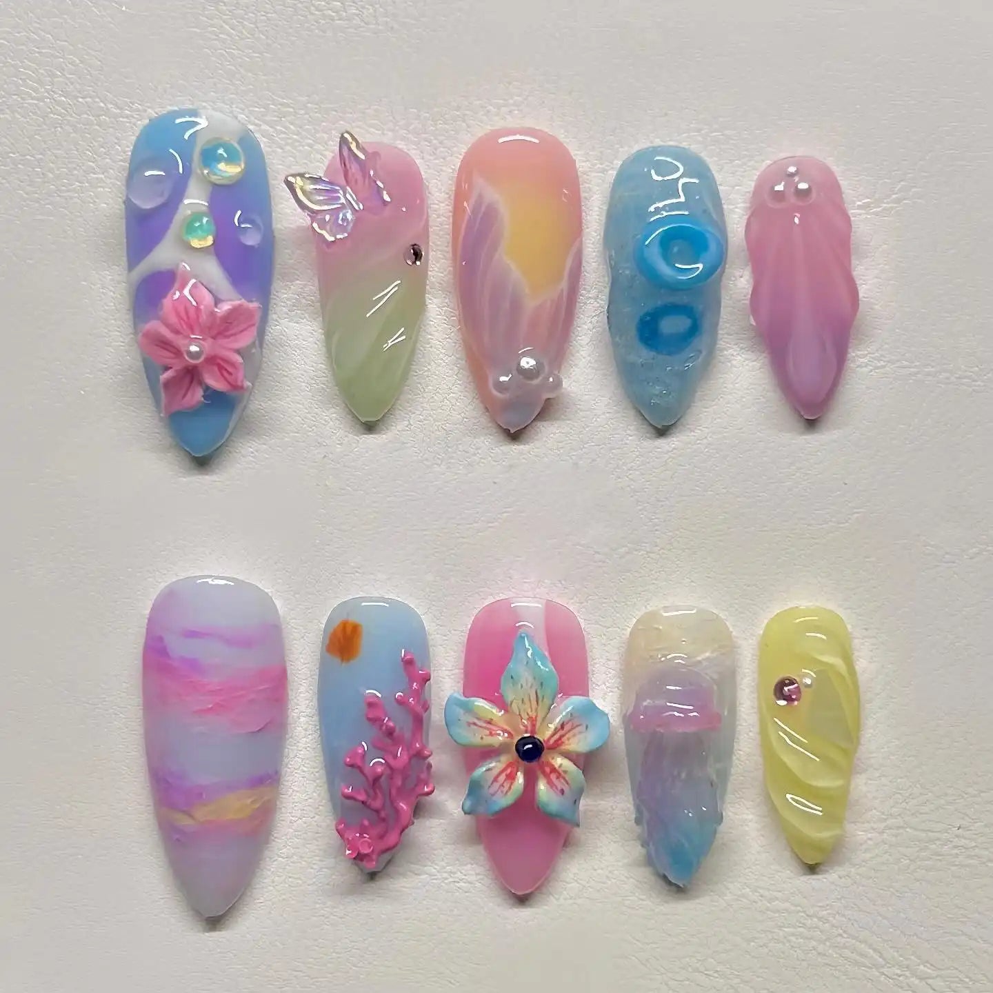 Handmade Mermaid Jellyfish Coral Flower Seafoam Ocean Press on Nails A42