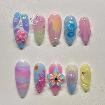 Handmade Mermaid Jellyfish Coral Flower Seafoam Ocean Press on Nails A42