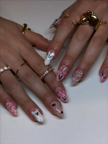 Handmade Pastel Pink 3D Teddy Bear Ghost Spiderweb Cow Print Press on Nails QE0