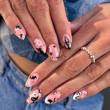 Handmade Pastel Pink Black Cat Bat Ghost Celestial Yin Yang Press on Nails QD9