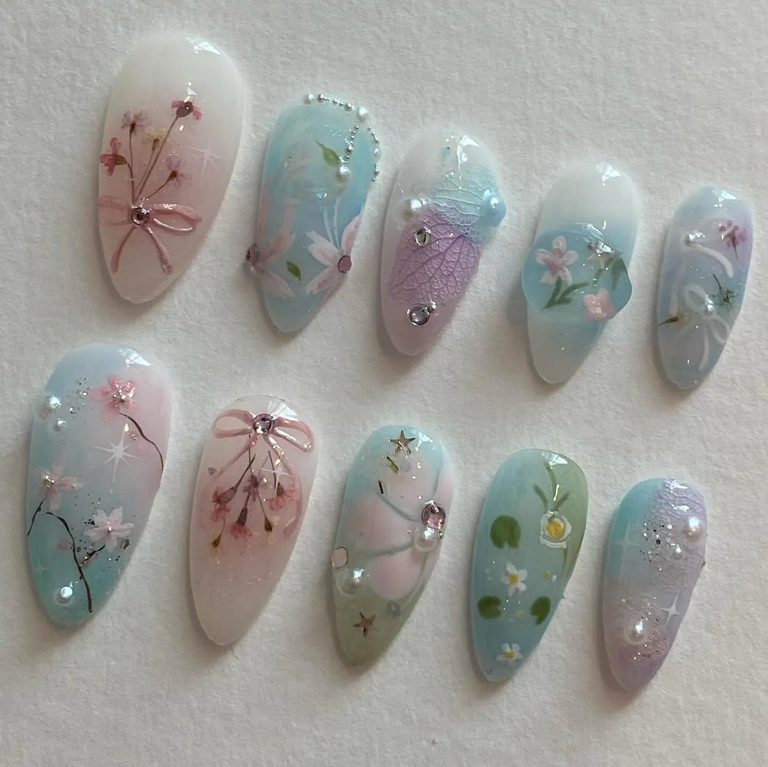 Handmade Pastel Pink Blue Green Floral Cherry Blossom Pearls Press on Nails P65