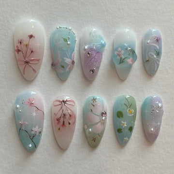Handmade Pastel Pink Blue Green Floral Cherry Blossom Pearls Press on Nails P65