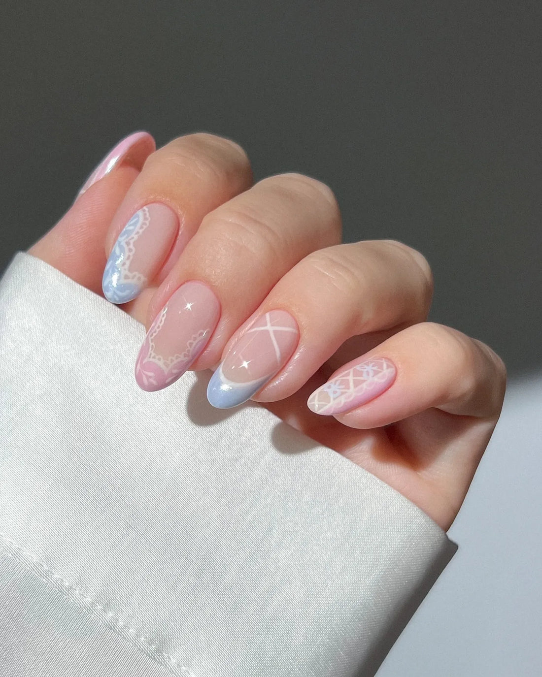 Handmade Pastel Pink Blue Lace Bow Heart Press on Nails E56