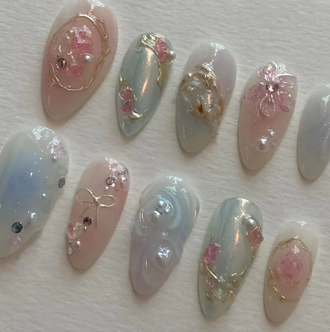 Handmade Pastel Floral Pearl Gold Swirl Fairy Press on Nails C05