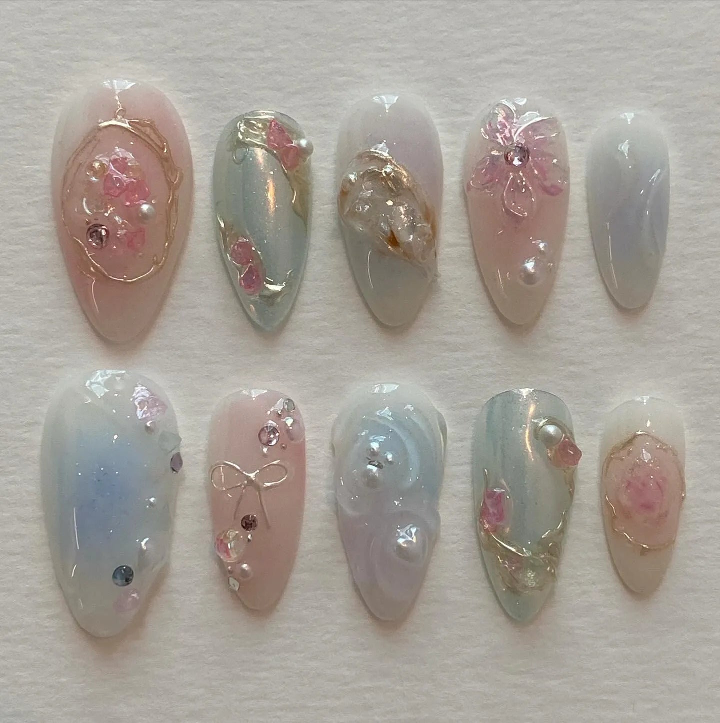 Handmade Pastel Floral Pearl Gold Swirl Fairy Press on Nails C05