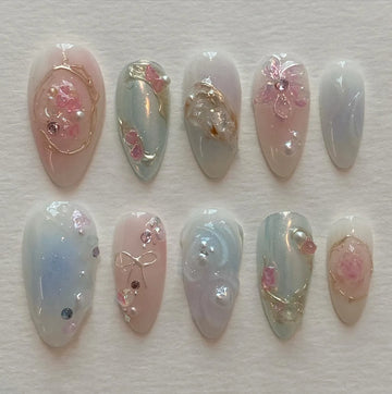 Handmade Pastel Floral Pearl Gold Swirl Fairy Press on Nails C05