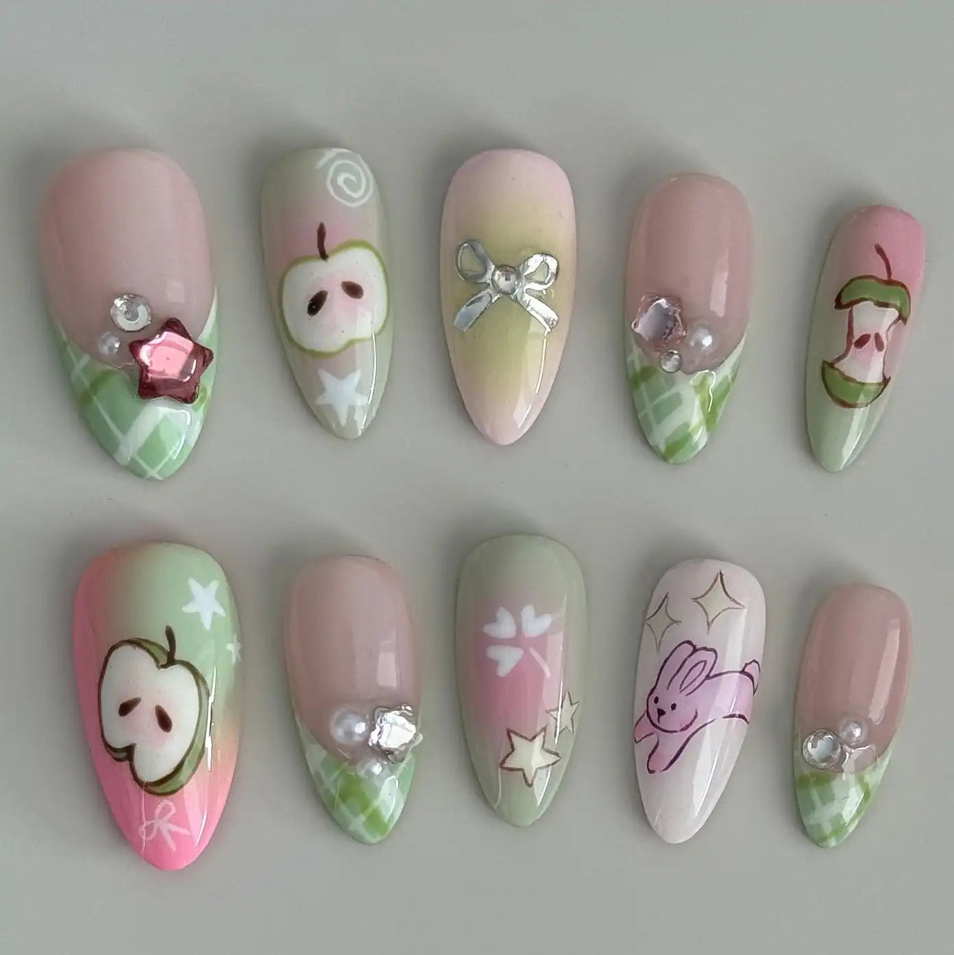 Handmade Pastel Pink Green Rabbit Apple Press on Nails K77