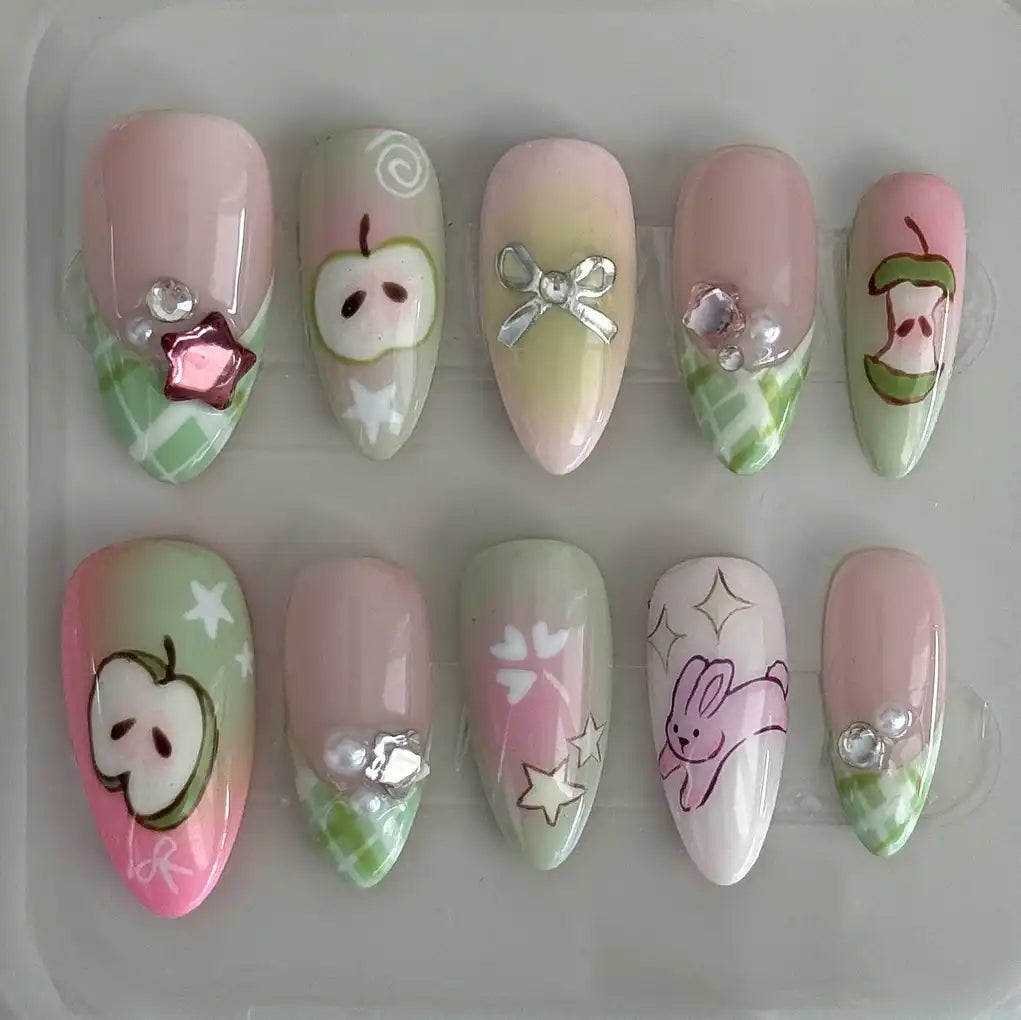 Handmade Pastel Pink Green Rabbit Apple Press on Nails K77