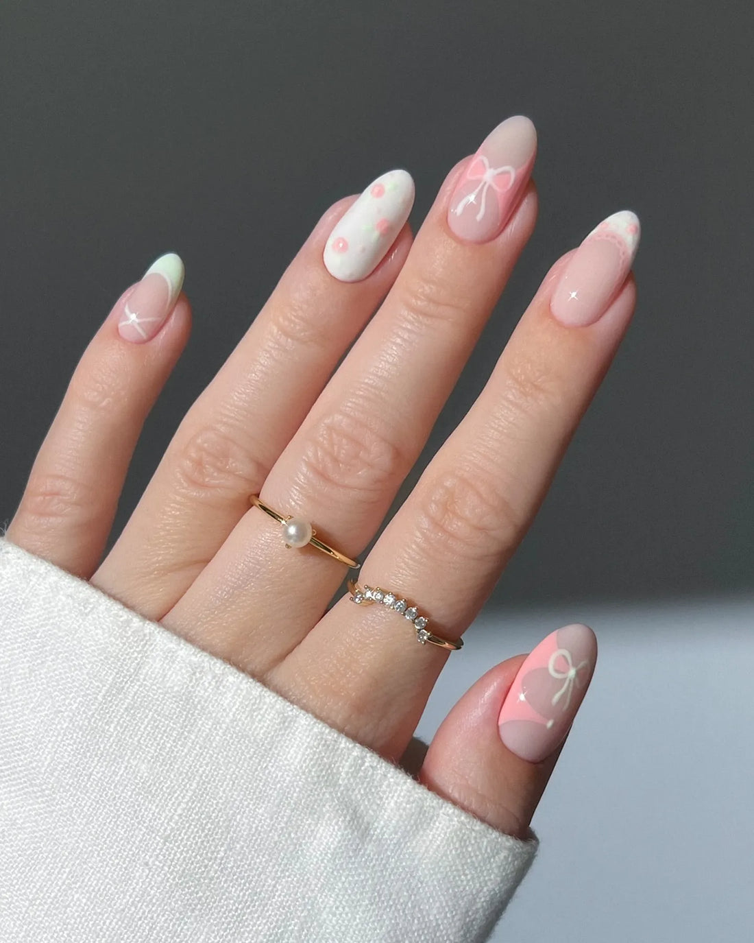 Handmade Pastel Pink Mint Bow Heart Polka Dot Cute Fake Nails F47