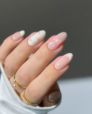 Handmade Pastel Pink Mint Bow Heart Polka Dot Cute Fake Nails F47