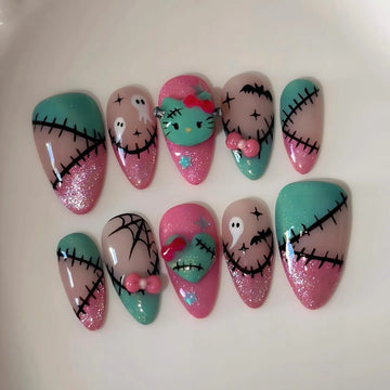 Handmade Pastel Pink Mint Green Glitter Cartoon Cat Kitty Ghost Press on Nails PU6