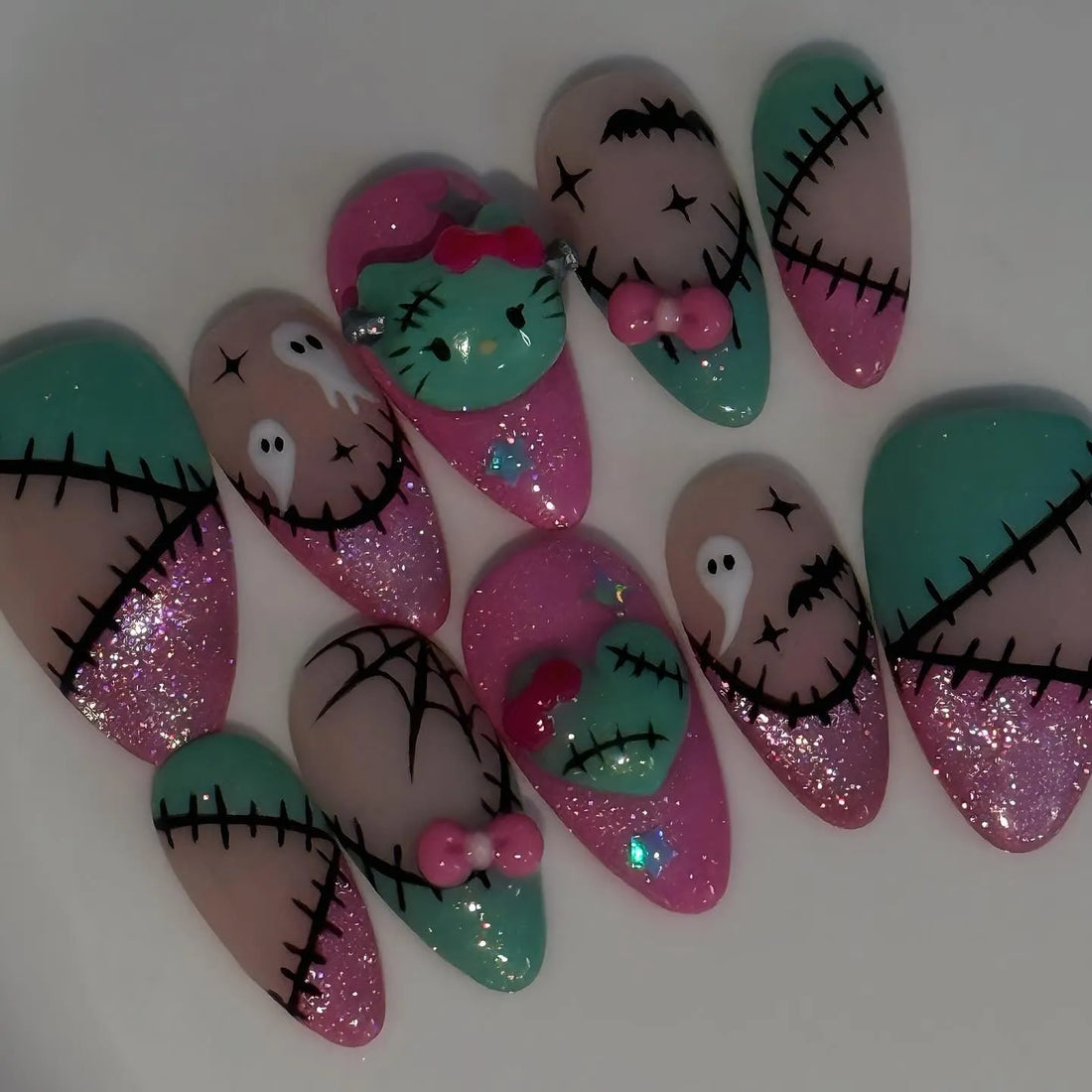 Handmade Pastel Pink Mint Green Glitter Cartoon Cat Kitty Ghost Press on Nails PU6