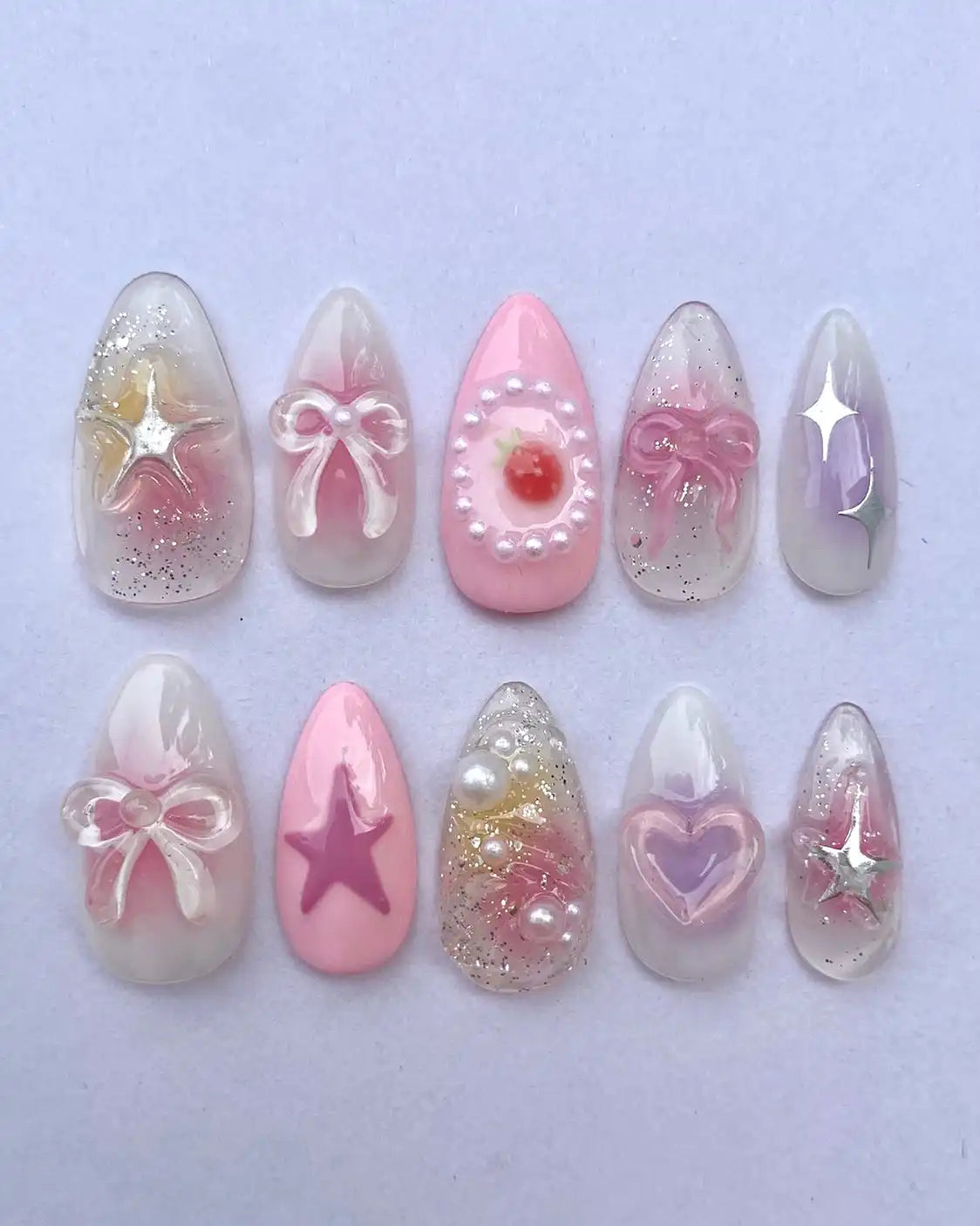 Handmade Pastel Pink Star Bow Heart Pearl Kawaii Fairy Press on Nails D74