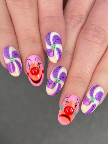 Handmade Pastel Purple Swirl Candy 3D Red Nose Happy Sad Clown Press on Nails QC9