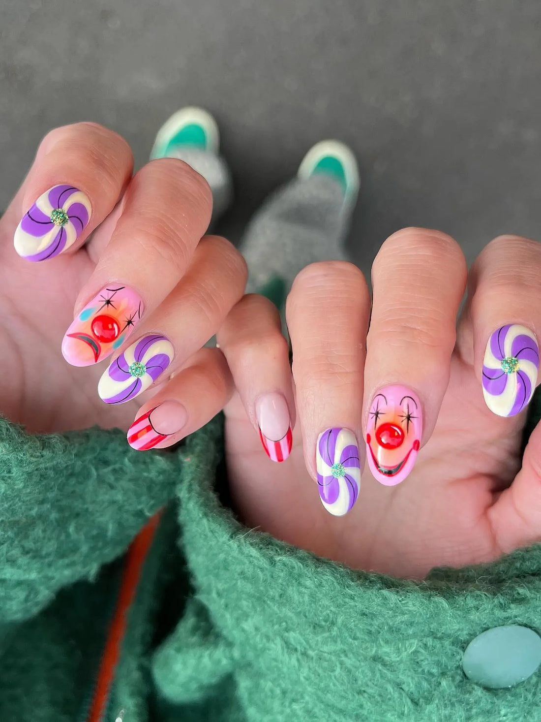 Handmade Pastel Purple Swirl Candy 3D Red Nose Happy Sad Clown Press on Nails QC9