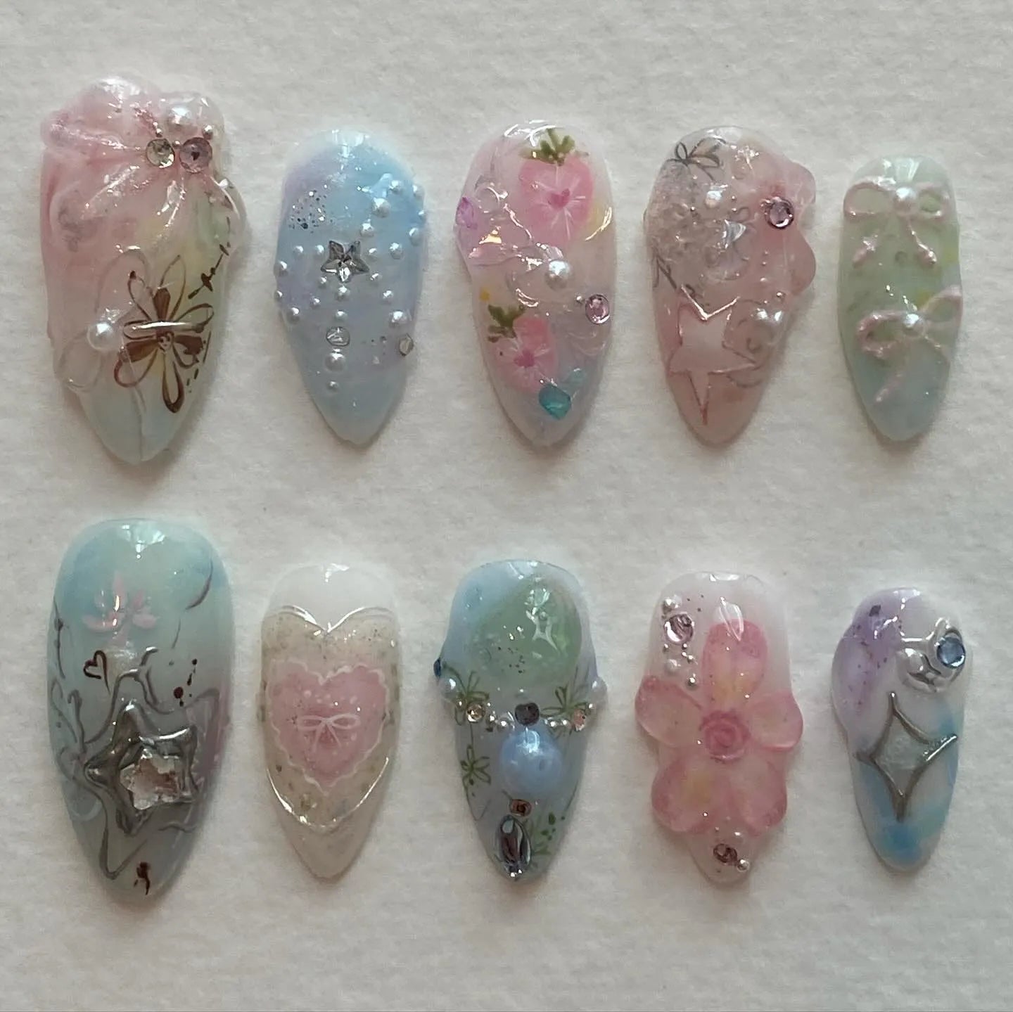 Handmade Pastel Rainbow Pink Blue Star Floral Bling Fairycore Press on Nails P11